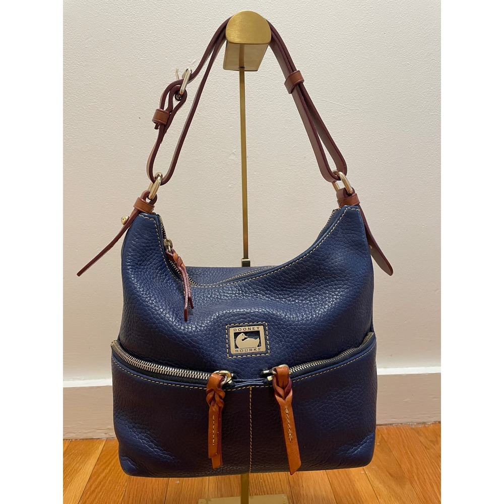 Dooney & Bourke Hobo Bag Navy Pebbled Leather Tan Trim Front Zip Pockets